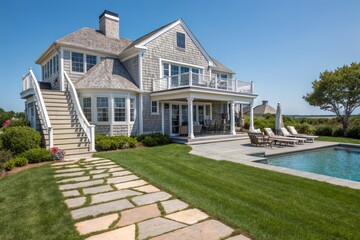 Fototapeta premium Stunning Cape Cod Beach House with Pool and Patio in Bright Blue Sky Setting