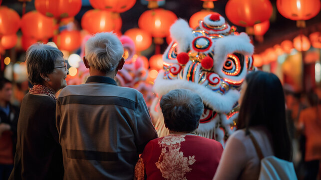 Crowds gather at a lively Lunar New Year street festival filled with colorful lanterns. Families enjoy lion dance performances and traditional festivities, welcoming the new year
