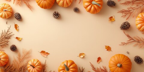 Experience the essence of autumn harvesting with a top down view of ripe pumpkins and seasonal details arranged on a serene beige background, perfect for autumn themed text or promotional use.