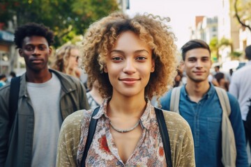Obraz premium A woman with curly hair stands in front of a group of people