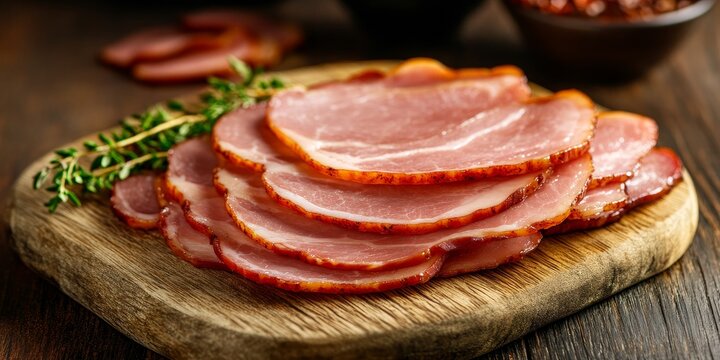 Homemade Canadian bacon slices displayed on a pale wood cutting board, showcasing the deliciousness of Canadian bacon in a rustic kitchen setting for culinary enthusiasts.