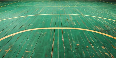 Worn out green basketball court features distinctive scratches and lines on the wooden floor, highlighting the wear and tear of an active basketball court environment.