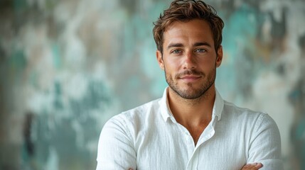 Obraz premium Full-length portrait of a confident businessman in a white shirt, isolated against a white background.