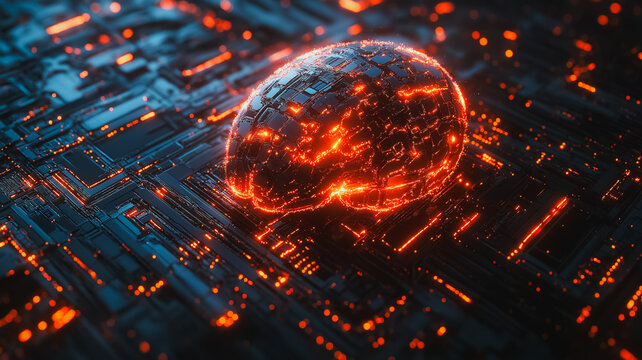 A brain is shown in a computerized environment with a lot of glowing lights. The brain is surrounded by a lot of circuitry and wires, giving the impression of a futuristic, artificial intelligence