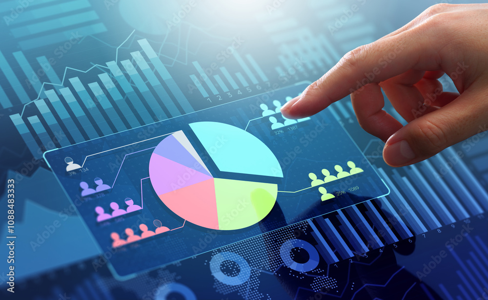 Poster Market research and marketing analytics. Survey of customers and statistics data. Analyst touching circle chart and graphs.