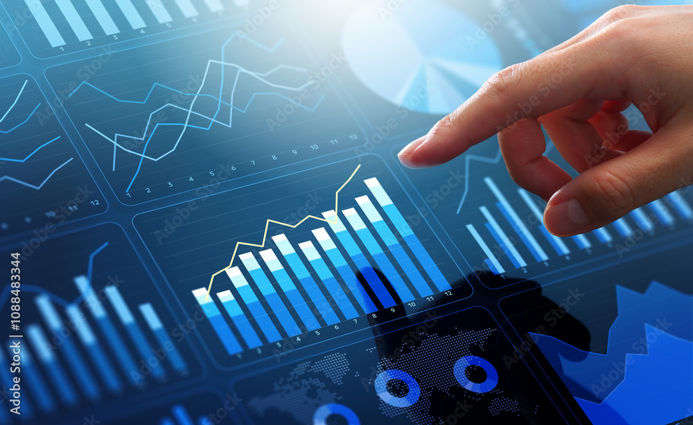 Poster Marketing analytics and statistical customer data. Analyst touching KPI graph on dashboard.