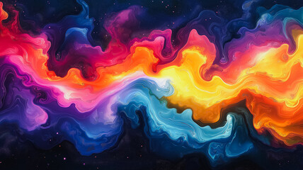 A colorful, swirling line of paint that appears to be a rainbow. The colors are bright and vibrant, and the line seems to be moving and changing. Scene is one of energy and excitement