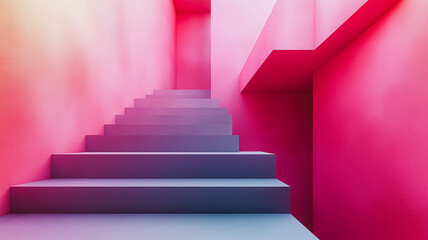 A pink staircase with a pink wall. The stairs are made of gray material. The pink color of the wall and the stairs creates a sense of warmth and comfort