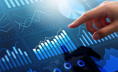 Marketing analytics and statistical customer data. Analyst touching KPI graph on dashboard.