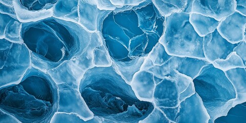 Structure of blue sea ice showcasing unique patterns. The intricate forms of blue sea ice create a striking visual, complemented by the distinctive characteristics of white pancake ice.
