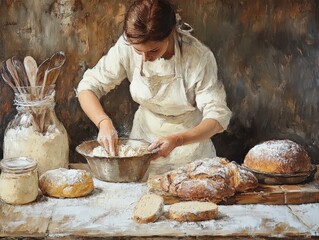 A baker meticulously prepares dough in a rustic kitchen, surrounded by fresh bread and baking ingredients.