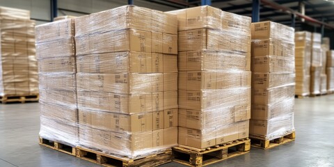 Stacked package boxes wrapped in plastic film are organized on pallets, featuring L shape pallet corrugated paper cardboard angle corner edge protectors. Ideal for storage and logistics in a warehouse