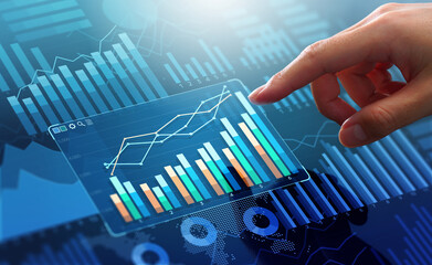 Graphs and reports about business data analysis. Technology for marketing and finance management strategy. Manager touching growth graph on analytics dashboard.