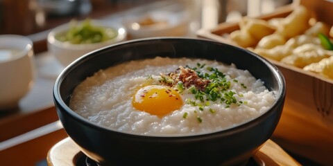 Delicious rice porridge with pork served at a breakfast buffet, showcasing the delightful combination of flavors in a hotel setting, perfect for starting your day with this satisfying rice porridge.