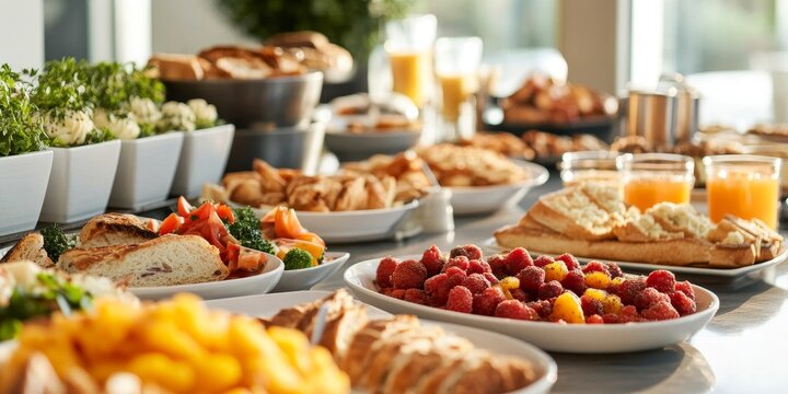 Breakfast buffet table showcasing a variety of foods, featuring savory items, sweet treats, pastries, and a selection of hot and cold drinks for a delightful breakfast experience.