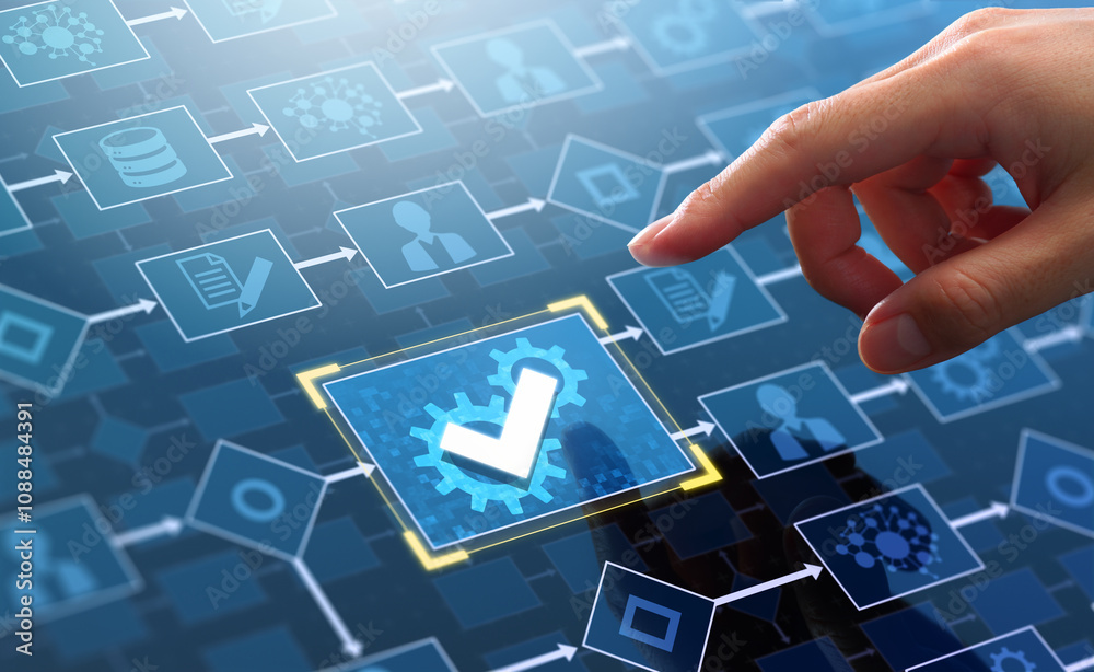 Aufkleber Workflow and flowchart. Business process automation BPA technology. Businessman touching checkmark and gears icon on flowchart.