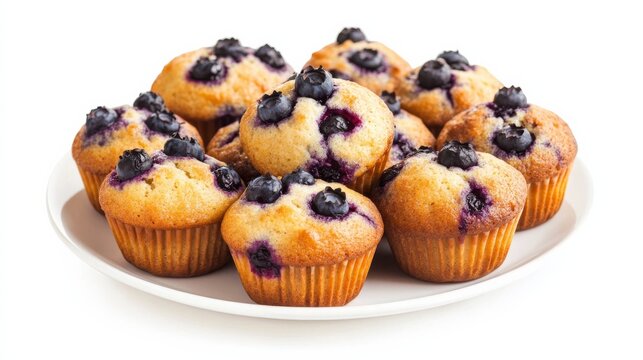 A plate of freshly baked blueberry muffins with bursting berries, Their golden-brown tops and moist interior invitingly showcased
