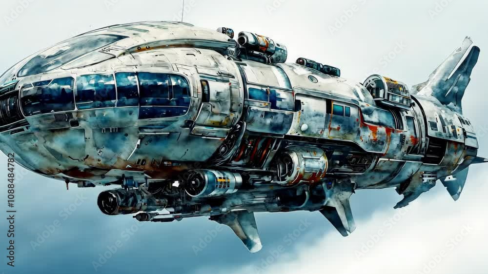 Aufkleber This captivating craft features a blend of rust and pristine elements, highlighting unique architecture and engineering in a sci-fi environment. Its detailed exterior captures imagination and wonder.