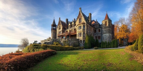 South view of the castle showcasing its stunning architecture. This captivating castle offers a remarkable perspective and highlights its unique features from the south side.