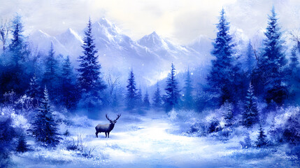 Naklejka premium Majestic deer in a snowy mountain landscape tranquil nature scene winter wonderland serene viewpoint