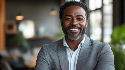 Obraz premium Happy African-American executive at an office workspace, isolated on a white background.
