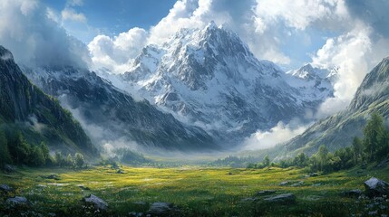 Obraz premium A breathtaking mountain landscape featuring snow-capped peaks, lush greenery, and dramatic clouds, perfect for nature enthusiasts.