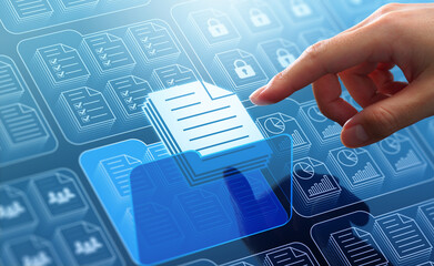 Document management system DMS in business. Digital file archive storage technology. Businessman touching file icon on many folders.