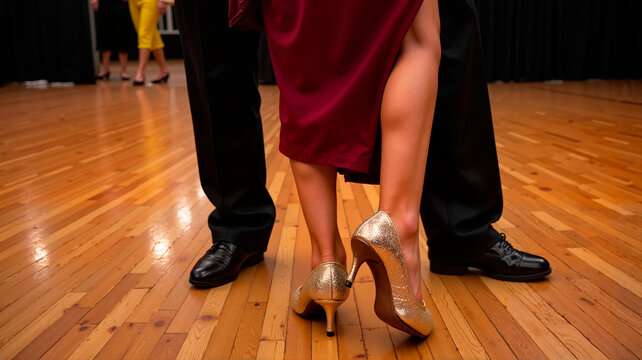 Dance couple's feet on polished wooden floor