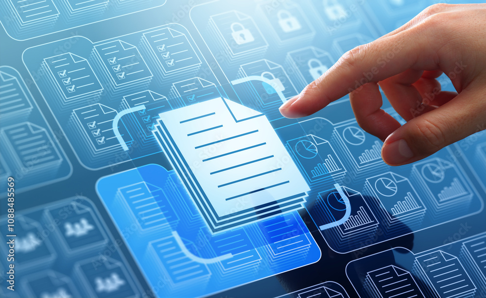 Poster Document management system DMS in business. Digital file database technology. Businessman touching file icon on many folders.