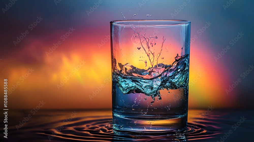 Aufkleber splashing water action glass beverage capture colorful background close-up refreshment concept