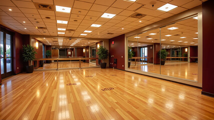 Empty dance studio with mirrors and polished floor