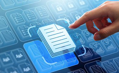 Document management system DMS in business. Digital file database technology. Businessman touching file icon on many folders.