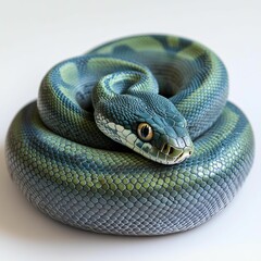 Obraz premium Green snake curled on white background.