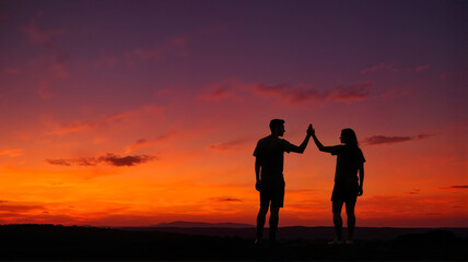 Silhouettes of people against sunset sky