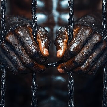Close-up of Black male prisoner's hands gripping prison bars, dark lighting casting heavy shadows, capturing strength and solitude in confinement