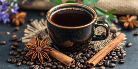 Fototapeta premium A cup of black coffee garnished with cinnamon bark and anise star sits elegantly among coffee grains and chicory flowers, highlighting the rich aroma of this black coffee experience.