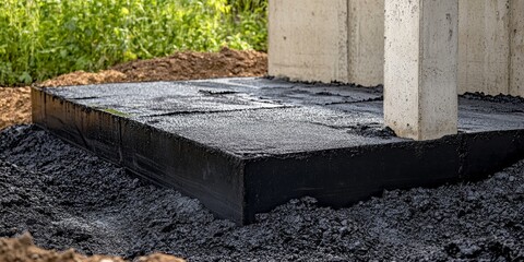 Concrete blocks serve as footings, painted with a black dispersion asphalt rubber mixture, with reinforced concrete pillars prominently displayed in the scene. Footings consist of concrete blocks.