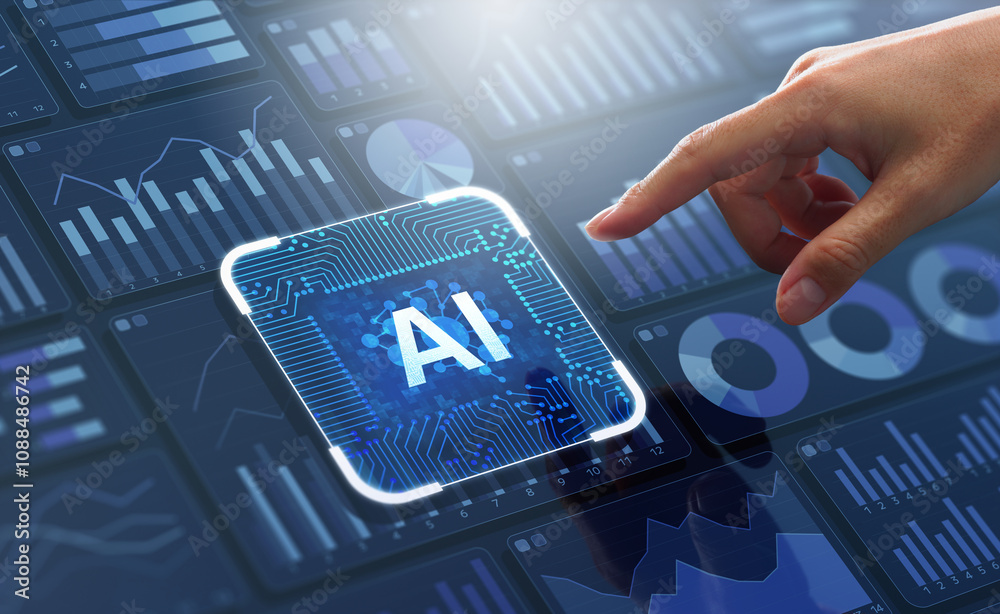 Poster AI generative artificial intelligence and data analysis. Analyzing business financial data or marketing statistic. AI generate analytics results with many graphs on dashboard. Analyst touching button.