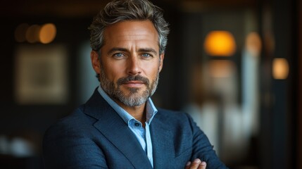 Portrait of a confident businessman in a suit, arms crossed, isolated against a studio background.