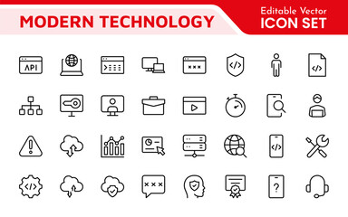 Technology and Development Icon Set. Modern and innovative icons tailored for tech apps and projects, perfect for showcasing development tools, software solutions, and cutting-edge technologies.
