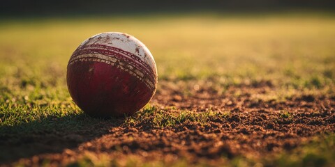 Close up image of a cricket ball resting on the pitch, showcasing the texture and details of the cricket ball, offering ample copy space for text or graphics related to cricket themes.