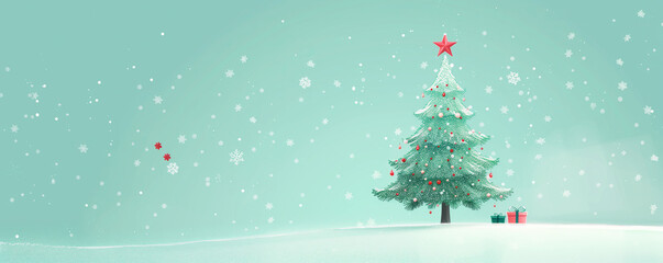 Christmas or New Year theme with Christmas trees and snow falling in a pastel blue and green background.