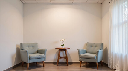 Two armchairs and a table in cozy therapy room