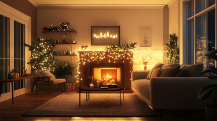 A cozy living room decorated with warm string lights, a glowing fireplace, and festive ornaments on the mantel 