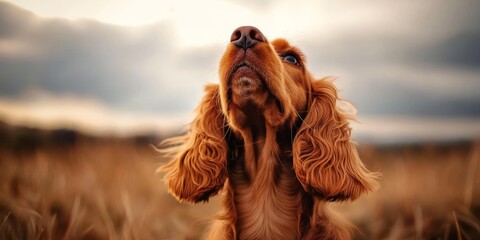 Close up of a red cocker spaniel dog with golden ears, nose raised high to sniff the air. This adorable red cocker spaniel enjoys exploring outdoors in a field on a cloudy day.