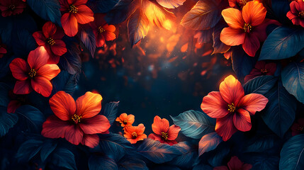 Dark Floral Illustration with Red Flowers and Blue Leaves