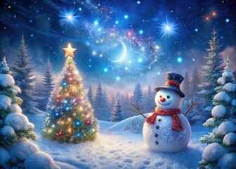 Obraz premium Enchanted Night with a Magical Snowman in a Winter Wonderland, Fantasy Illustration of a Snowy Fairy Tale Scene with Twinkling Stars and Glowing Lights