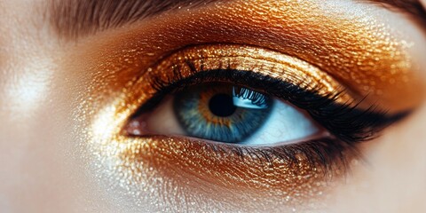Close up macro perspective of an eye showcasing stunning make up. This beautiful make up enhances the eye s features, highlighting the artistry and detail in eye make up application.