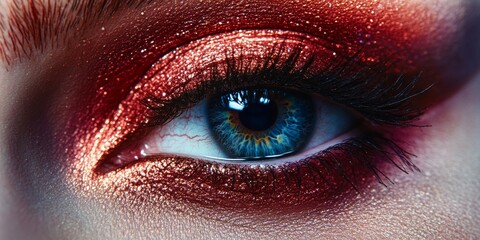 Close up macro perspective of an eye showcasing stunning make up. This beautiful make up enhances the eye s features, highlighting the artistry and detail in eye make up application.