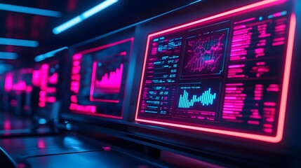 Obraz premium Neon Data Center Monitors Displaying Stock Market Data